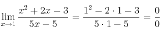 \lim\limits_{x \rightarrow 1} \frac{x^2+2x-3}{5x-5}=\frac{1^2-2 \cdot 1 -3}{5 \cdot 1 - 5} = \frac{0}{0}