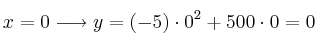 x=0 \longrightarrow y=(-5) \cdot 0^2 + 500 \cdot 0 = 0