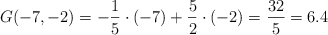  G(-7, -2) = -\frac{1}{5} \cdot (-7) + \frac{5}{2} \cdot (-2)=\frac{32}{5} = 6.4
