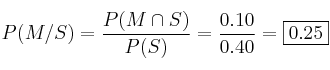 P(M/S) = \frac{P(M \cap S)}{P(S)}=\frac{0.10}{0.40}=\fbox{0.25}