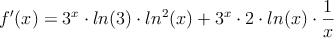 f^{\prime}(x)=3^x \cdot ln(3) \cdot ln^2(x) + 3^x \cdot 2 \cdot ln(x) \cdot \frac{1}{x}