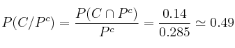 P(C/P^c) =\frac{P(C \cap P^c)}{P^c} = \frac{0.14}{0.285} \simeq 0.49