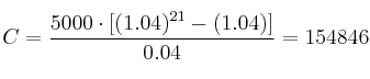 C = \frac{5000 \cdot \left[ (1.04)^{21} - (1.04) \right]}{0.04}=154846