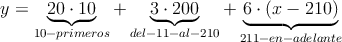 y = \underbrace{20 \cdot 10}_{10-primeros} + \underbrace{3 \cdot 200}_{del- 11-al-210}+\underbrace{6 \cdot (x-210)}_{211-en-adelante}