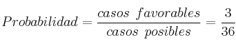 Probabilidad=\frac{casos \: \: favorables}{casos \: \: posibles}= \frac{3}{36}