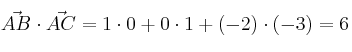 \vec{AB} \cdot \vec{AC} =1 \cdot 0 + 0 \cdot 1 + (-2) \cdot (-3) =6