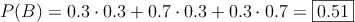 P(B)=0.3 \cdot 0.3 + 0.7 \cdot 0.3 + 0.3 \cdot 0.7 =\fbox{0.51}
