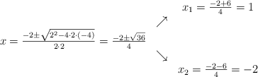 \begin{array}{ccc} & & x_1 = \frac{-2+6}{4}=1\\ & \nearrow &\\ x=\frac{-2\pm \sqrt{2^2-4 \cdot2\cdot(-4)}}{2 \cdot2}=\frac{-2\pm \sqrt{36}}{4}& &\\ & \searrow &\\& &x_2 = \frac{-2-6}{4}=-2\end{array}