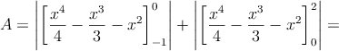 A = \left|  \left[  \frac{x^4}{4}-\frac{x^3}{3}-x^2 \right]_{-1}^0  \right| + \left|  \left[  \frac{x^4}{4}-\frac{x^3}{3}-x^2 \right]_{0}^2  \right| =