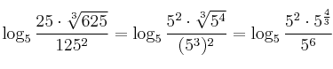 \log_5 \frac{25 \cdot \sqrt[3]{625}}{125^2} = \log_5 \frac{5^2 \cdot \sqrt[3]{5^4}}{(5^3)^2} =  \log_5 \frac{5^2 \cdot 5^{\frac{4}{3}}}{5^6}