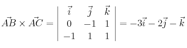 \vec{AB} \times \vec{AC} = \left| \begin{array}{ccc} 
\vec{i} &\vec{j} &\vec{k} \\
0 & -1 & 1 \\
 -1 & 1 & 1 
\end{array} \right| = -3\vec{i} -2\vec{j} -\vec{k}