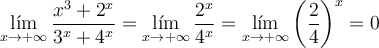 \lim_{x \rightarrow +\infty} \frac{x^3+2^x}{3^x+4^x}=\lim_{x \rightarrow +\infty} \frac{2^x}{4^x}=\lim_{x \rightarrow +\infty} \left( \frac{2}{4} \right)^x =0