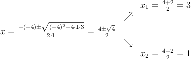 \begin{array}{ccc} & & x_1 = \frac{4+2}{2}=3\\ & \nearrow &\\ x=\frac{-(-4)\pm \sqrt{(-4)^2-4 \cdot1\cdot3}}{2 \cdot1}=
 \frac{4\pm \sqrt{4}}{2}& &\\ & \searrow &\\& &x_2 = \frac{4-2}{2}=1\end{array}