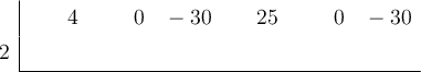  \polyhornerscheme[x=2, stage=1, tutor=true]{4x^5-30x^3+25x^2-30}