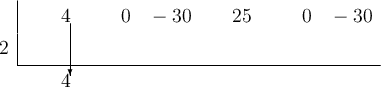  \polyhornerscheme[x=2, stage=2, tutor=true]{4x^5-30x^3+25x^2-30}