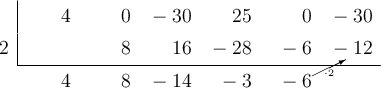  \polyhornerscheme[x=2, stage=11, tutor=true]{4x^5-30x^3+25x^2-30}