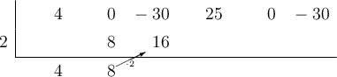  \polyhornerscheme[x=2, stage=5, tutor=true]{4x^5-30x^3+25x^2-30}