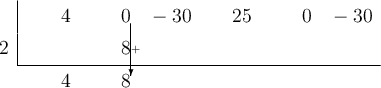  \polyhornerscheme[x=2, stage=4, tutor=true]{4x^5-30x^3+25x^2-30}