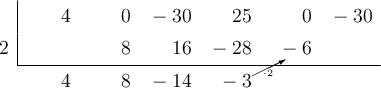  \polyhornerscheme[x=2, stage=9, tutor=true]{4x^5-30x^3+25x^2-30}