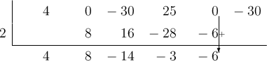  \polyhornerscheme[x=2, stage=10, tutor=true]{4x^5-30x^3+25x^2-30}