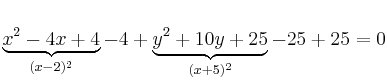 \underbrace{x^2-4x +4}_{(x-2)^2}-4 +\underbrace{y^2+10y+25}_{(x+5)^2}-25 +25=0
