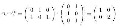 A \cdot A^t = \left(
\begin{array}{ccc}
     0 & 1 & 0
  \\ 1 & 0 & 1
\end{array}
\right)
 \cdot
\left(
\begin{array}{cc}
     0 & 1 
  \\ 1 & 0
  \\ 0 & 1
\end{array}
\right) =\left(
\begin{array}{cc}
     1 & 0
  \\ 0 & 2
\end{array}
\right) 