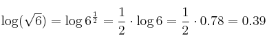 \log (\sqrt{6}) = \log 6^{\frac{1}{2}}= \frac{1}{2} \cdot \log6 = \frac{1}{2} \cdot 0.78 =  0.39