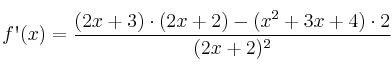 f\textsc{\char13}(x)=\frac{(2x+3) \cdot (2x+2) - (x^2+3x+4) \cdot 2}{(2x+2)^2}