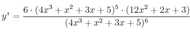 y\textsc{\char13} = \frac{6 \cdot (4x^3+x^2+3x+5)^5 \cdot (12x^2+2x+3)}{(4x^3+x^2+3x+5)^6}