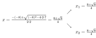 
\begin{array}{ccc} & & x_1 = \frac{8+\sqrt{8}}{4}\\ & \nearrow &\\ x=\frac{-(-8)\pm \sqrt{(-8)^2-4 \cdot2\cdot7}}{2 \cdot2}=
 \frac{8\pm \sqrt{8}}{4}& &\\ & \searrow &\\& &x_2 = \frac{8-\sqrt{8}}{4}\end{array}
