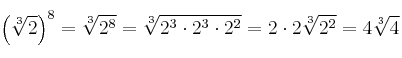 \left( \sqrt[3]{2} \right)^8 = \sqrt[3]{2^8}=\sqrt[3]{2^3 \cdot 2^3 \cdot 2^2} = 2 \cdot 2 \sqrt[3]{2^2} =4 \sqrt[3]{4}