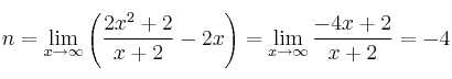 n=\lim_{x \rightarrow \infty} \left(\frac{2x^2+2}{x+2}-2x\right) = \lim_{x \rightarrow \infty}\frac{-4x+2}{x+2}=-4