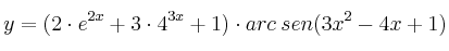 y=(2 \cdot e^{2x} + 3 \cdot 4^{3x} + 1) \cdot arc \: sen(3x^2-4x+1)