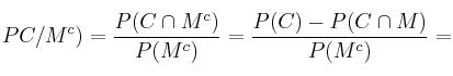 PC/M^c) = \frac{P(C \cap M^c)}{P(M^c)}=\frac{P(C)-P(C \cap M)}{P(M^c)}=