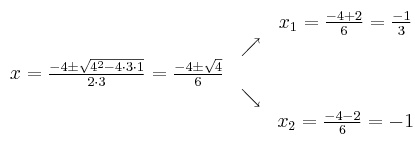 
\begin{array}{ccc} & & x_1 = \frac{-4+2}{6}=\frac{-1}{3}\\ & \nearrow &\\ x=\frac{-4\pm \sqrt{4^2-4 \cdot3\cdot1}}{2 \cdot3}=
 \frac{-4\pm \sqrt{4}}{6}& &\\ & \searrow &\\& &x_2 = \frac{-4-2}{6}=-1\end{array}
