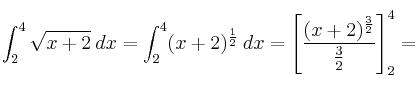 \int_2^4 \sqrt{x+2} \: dx=\int_2^4 (x+2)^\frac{1}{2} \: dx=\left[ \frac{(x+2)^\frac{3}{2}}{\frac{3}{2}}  \right]_2^4=