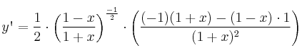 y\textsc{\char13} =\frac{1}{2} \cdot \left( \frac{1-x}{1+x} \right)^\frac{-1}{2} \cdot \left( \frac{(-1)(1+x)-(1-x) \cdot 1}{(1+x)^2}\right)