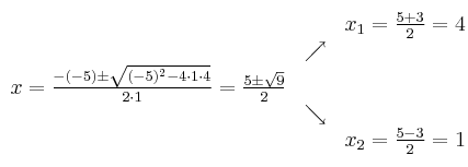 
\begin{array}{ccc} & & x_1 = \frac{5+3}{2}=4\\ & \nearrow &\\ x=\frac{-(-5)\pm \sqrt{(-5)^2-4 \cdot1\cdot4}}{2 \cdot1}=
 \frac{5\pm \sqrt{9}}{2}& &\\ & \searrow &\\& &x_2 = \frac{5-3}{2}=1\end{array}
