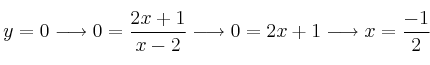 y=0 \longrightarrow 0=\frac{2x +1}{x-2} \longrightarrow 0=2x+1 \longrightarrow x=\frac{-1}{2}