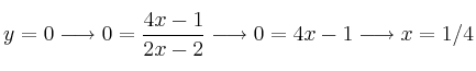 y=0 \longrightarrow 0=\frac{4x-1}{2x-2}  \longrightarrow 0=4x-1  \longrightarrow x=1/4