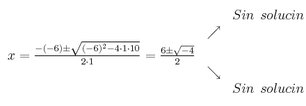 
\begin{array}{ccc} & & Sin \:\: solución\\ & \nearrow &\\ x=\frac{-(-6)\pm \sqrt{(-6)^2-4 \cdot1\cdot10}}{2 \cdot1}=
 \frac{6\pm \sqrt{-4}}{2}& &\\ & \searrow &\\& &Sin \:\: solución\end{array}
