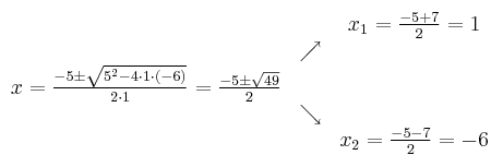 
\begin{array}{ccc} & & x_1 = \frac{-5+7}{2}=1\\ & \nearrow &\\ x=\frac{-5\pm \sqrt{5^2-4 \cdot1\cdot(-6)}}{2 \cdot1}=
 \frac{-5\pm \sqrt{49}}{2}& &\\ & \searrow &\\& &x_2 = \frac{-5-7}{2}=-6\end{array}
