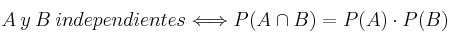 A \: y \: B \: independientes \Longleftrightarrow P(A \cap B) = P(A) \cdot P(B)