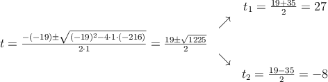 \begin{array}{ccc} & & t_1 = \frac{19+35}{2}=27\\ & \nearrow &\\ t=\frac{-(-19)\pm \sqrt{(-19)^2-4 \cdot1\cdot(-216)}}{2 \cdot1}=
 \frac{19\pm \sqrt{1225}}{2}& &\\ & \searrow &\\& &t_2 = \frac{19-35}{2}=-8\end{array}