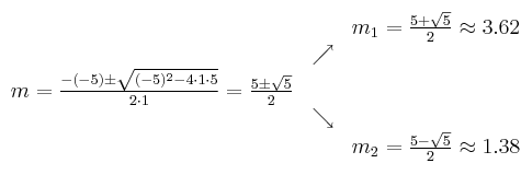 
\begin{array}{ccc}
 & & m_1 = \frac{5+\sqrt{5}}{2} \approx 3.62
\\ & \nearrow &
\\ m=\frac{-(-5)\pm \sqrt{(-5)^2-4 \cdot1\cdot5}}{2 \cdot1}=
 \frac{5\pm \sqrt{5}}{2}  & &
\\ & \searrow &
\\& &m_2 = \frac{5-\sqrt{5}}{2}  \approx 1.38
\end{array}