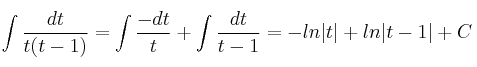 \int \frac{dt}{t(t-1)}=\int \frac{-dt}{t}+\int \frac{dt}{t-1} = -ln|t|+ln|t-1|+C