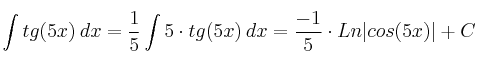 \int tg(5x) \: dx = \frac{1}{5} \int 5 \cdot tg(5x) \: dx = \frac{-1}{5} \cdot Ln|cos(5x)|+C