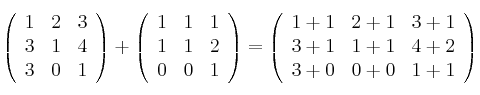 \left(
\begin{array}{ccc}
     1 & 2 & 3
  \\ 3 & 1 & 4
  \\ 3 & 0 & 1
\end{array}
\right) + \left(
\begin{array}{ccc}
     1 & 1 & 1
  \\ 1 & 1 & 2
  \\ 0 & 0 & 1
\end{array}
\right) = \left(
\begin{array}{ccc}
     1+1 & 2+1 & 3+1
  \\ 3+1 & 1+1 & 4+2
  \\ 3+0 & 0+0 & 1+1
\end{array}
\right)