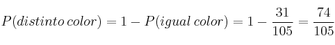 P(distinto \: color) = 1 - P(igual \: color) =1-\frac{31}{105}=\frac{74}{105}