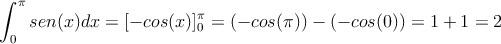 \int_0^{\pi}  sen(x) dx = [-cos(x)]_0^{\pi}= (-cos(\pi)) - (-cos(0)) = 1+1=2